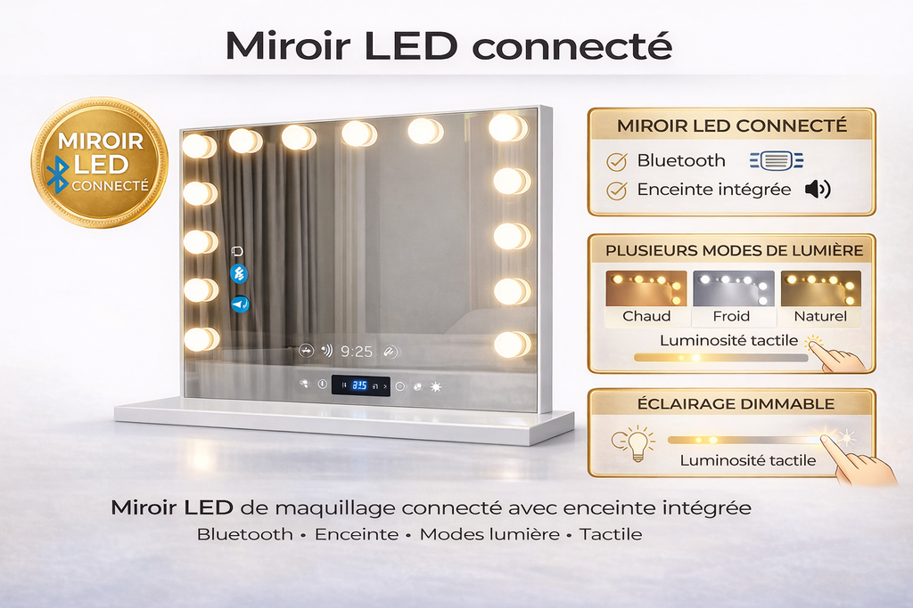 Miroir LED Bluetooth 15 Ampoules - Eclairage Réglable - Maison Chanel Paris