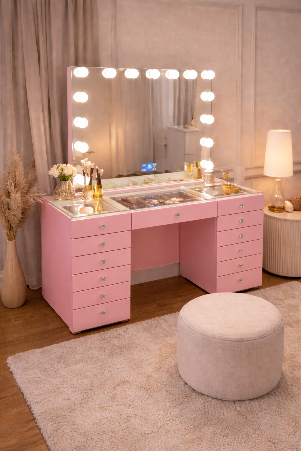 Coiffeuse Vanity avec Miroir LED Bluetooth – 13 Tiroirs, 15 Ampoules, Prise USB | Table de Maquillage Moderne