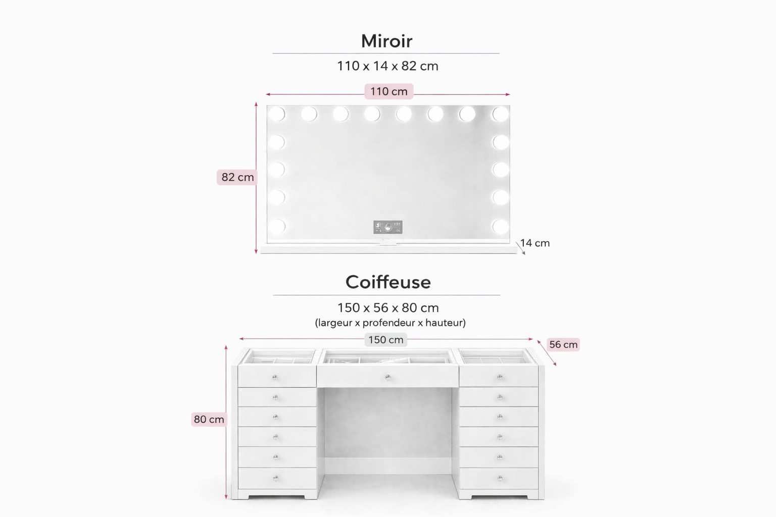 Coiffeuse Vanity avec Miroir LED Bluetooth – 13 Tiroirs, 15 Ampoules, Prise USB | Table de Maquillage Moderne