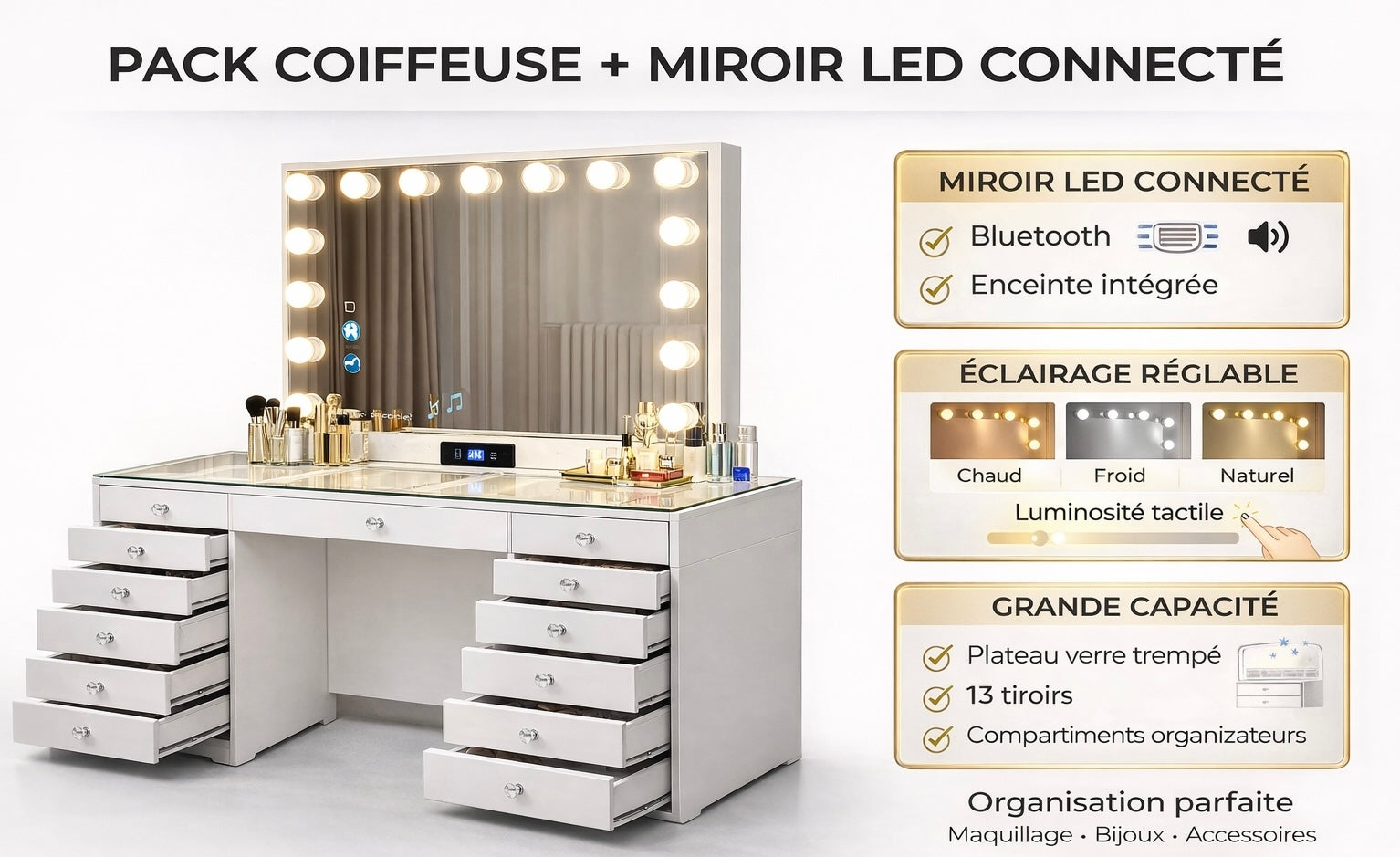Coiffeuse Vanity avec Miroir LED Bluetooth – 13 Tiroirs, 15 Ampoules, Prise USB | Table de Maquillage Moderne